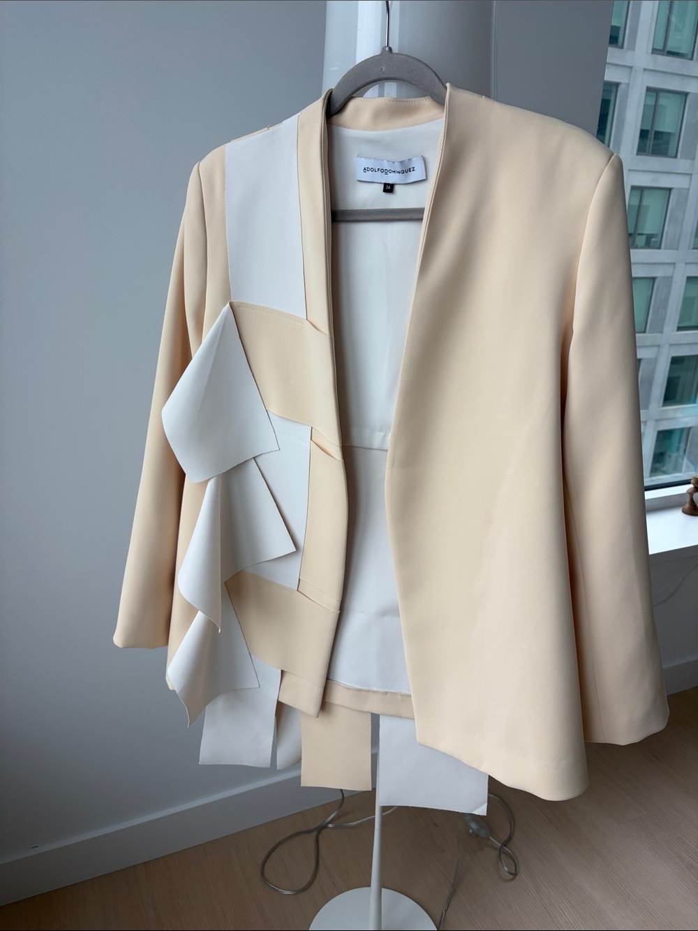 Adolfo Dominguez Cream and White Ruffle-Trim Open Blazer